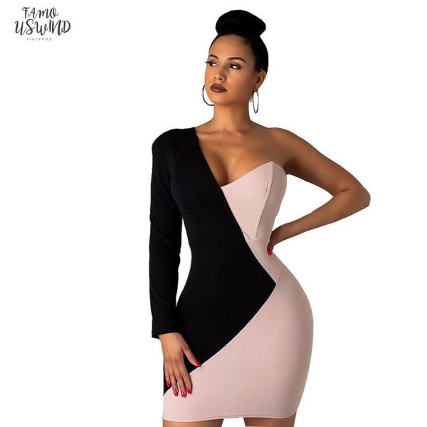 

2020 женская мода элегантные платья bodycon с длинным рукавом одно плечо вечер party club mini sexy платья осень заплатки женская одежда, Black;gray