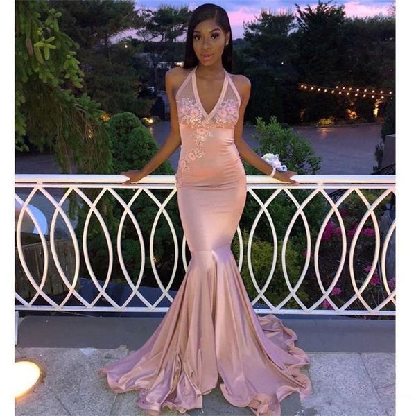 

new pink long mermaid prom dresses with flower halter neck sleeve floor length simple formal evening dress party gowns, Black