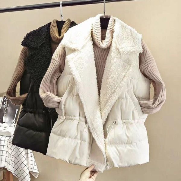 

2019 new women lamb hair vests female coats winter korean loose long thickened vest down cotton vest waistcoat jacket, Black;white