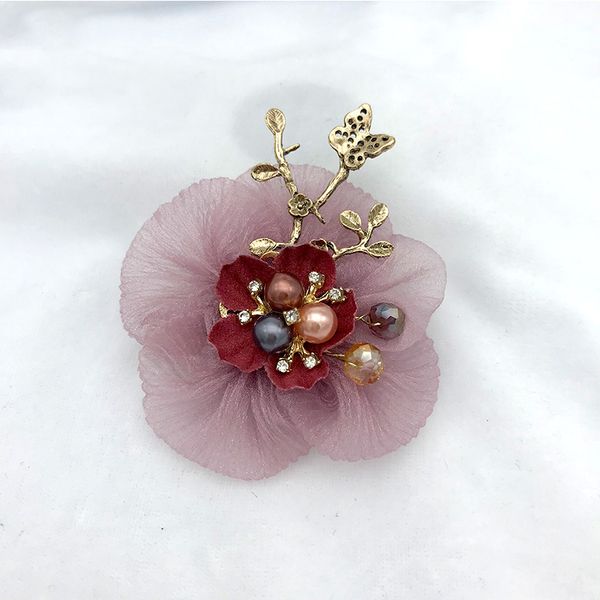 

high-grade crystal fabric flower brooch pearl alloy floral handmade korean suit coat dress sweater lapel pin women accessories, Gray