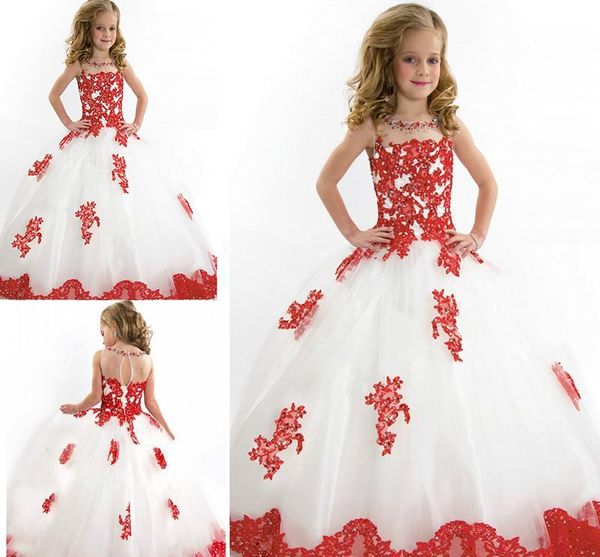 

cute white and red girl pageant dresses tulle applique floor-length long special occasion dress flower girls dress, White;red
