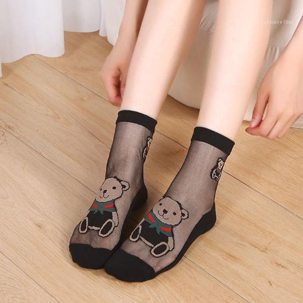 

socks fashion cute bear printed socks womens casual mid tude sheer socks womens designer see through, Black;white