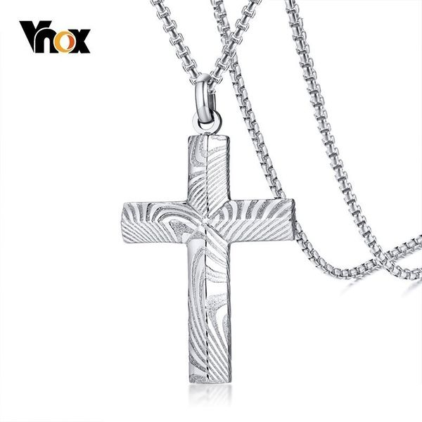 

vnox unique damascus steel mens cross necklace with box chain 24 inch, Silver