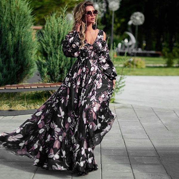 

deep v neck long dress for women off shoulder long sleeve floral printed boho dresses maxi elegant party dress vestidos, Black;gray