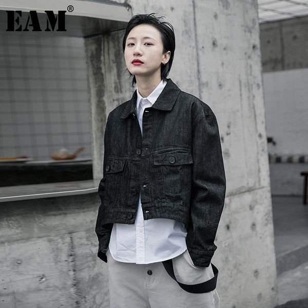 

eam] loose fit black asymmetrical big size denim short jacket new lapel long sleeve women coat fashion tide spring 2020 1r587, Black;brown