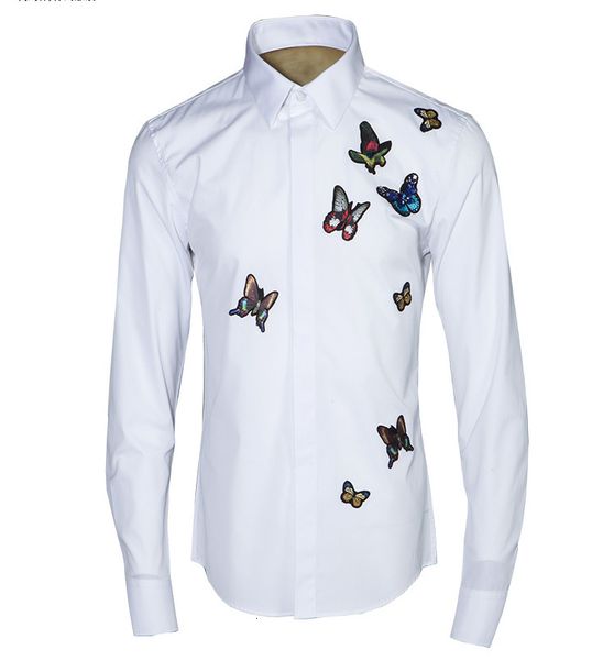 

men shirt luxury unique embroider badge design mens shirts fashion butterfly long sleeve slim fit shirt man casual shirts, White;black