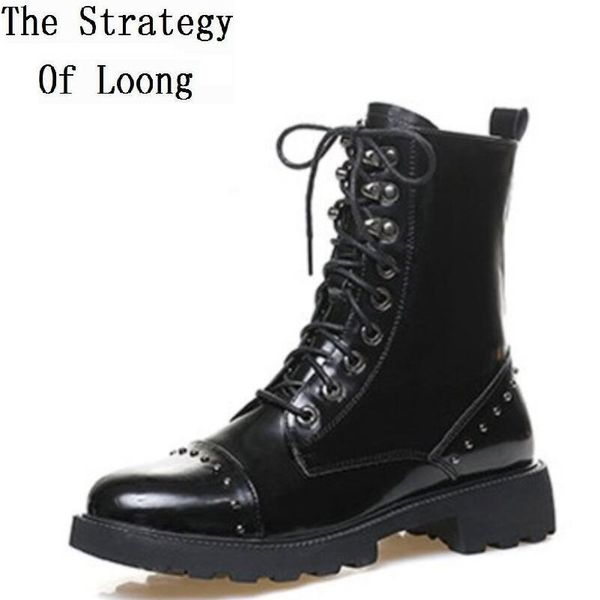 

european style winter women patent leather metal rivet ankle equestrian boots lady plush thick heels short motorcycle boots 1911, Black