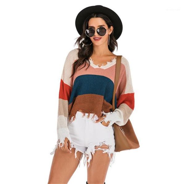 

v neck ladies ripped clothing with batwing sleeve autumn womens designer panelled sweaters fashion, White;black