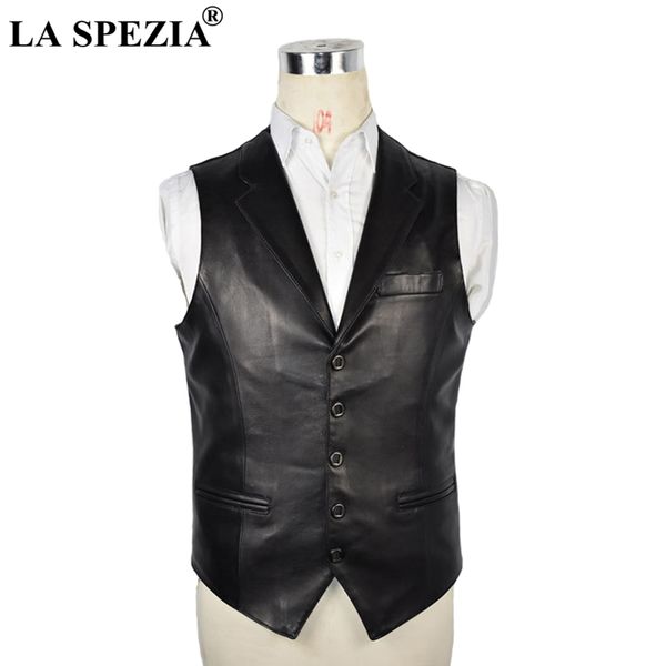 

la spezia plus size 5xl vests men black genuine leather waistcoat male sheepskin pockets slim business winter sleeveless jackets, Black;white