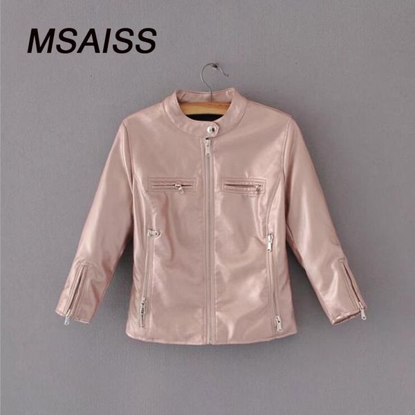 

msaiss faux leather jacket women o-neck zipper casual jacket female short coat, Black