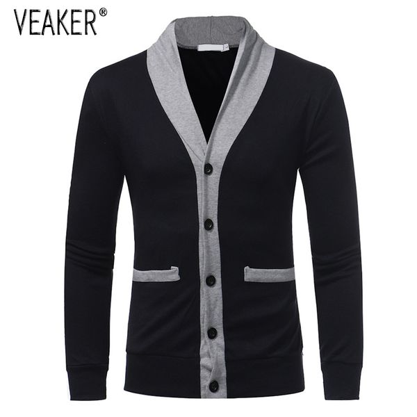 

2018 autumn men's casual sweater coat men casual patchwork slim fit v-neck knitted sweater sweatercoat -2xl, White;black