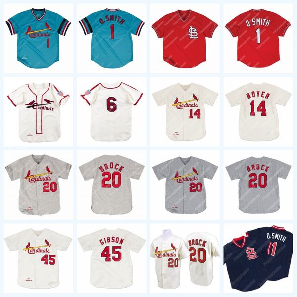 

St. Louis 1 Ozzie Smith 1982 6 Stan Musial Cardinals 14 Ken Boyer 20 Lou Brock 45 Bob Gibson Vintage Baseball Jersey Stitched