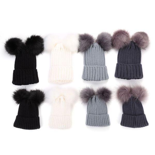 

19 new cute winter mom women baby kids crochet knitted hat caps children girsl and boys wool fur bobble ball pompom beanies hats