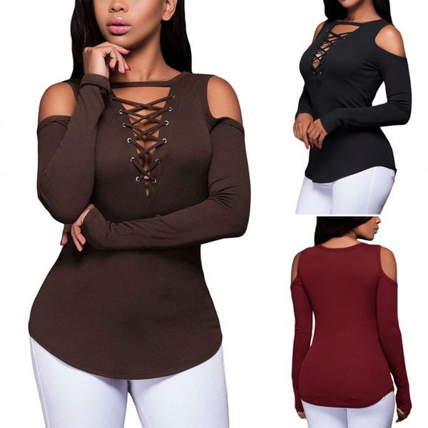 

off the shoulder cross lace deep v-neck long sleeve t shirt wholesale and blouse, White