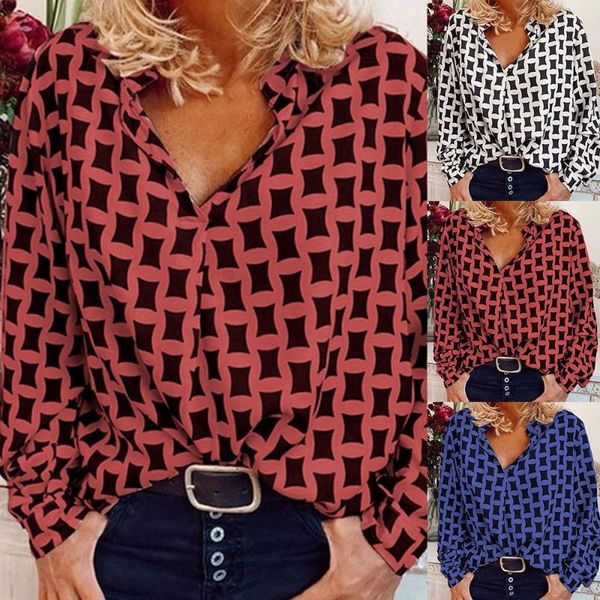 

print shirt womens and blouse women 2020 women fashion casual v-neck print lapel shirt loose long sleeve blouse, White