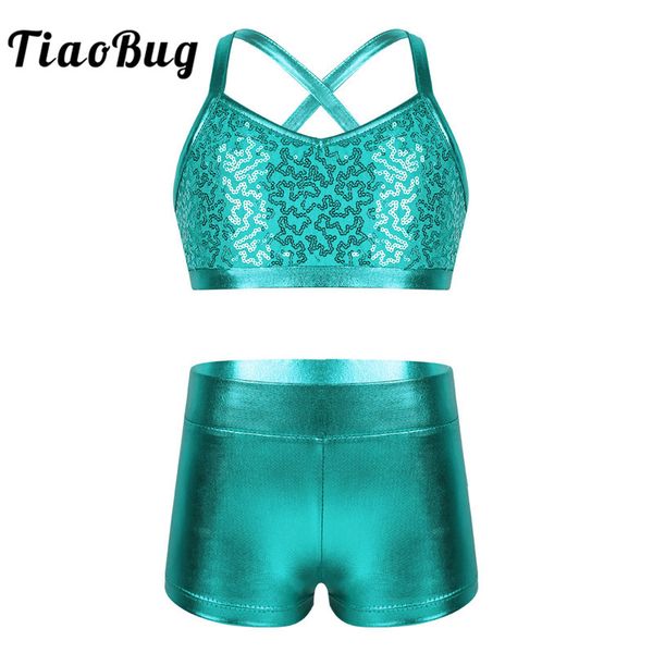 

tiaobug kids teens shiny sequin gymnastics shorts crop ballet leotard dance set girls sports tankini stage dance costume set, Black;red