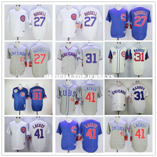 

men 27 addison russell 31 maddux 41 john lackey retro jerseys color white blue gray yellow size:m-xxxl, Black;blue