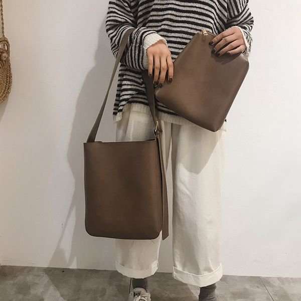 

vintage simple women composite bag casual shoulder crossbody commuter bag ladies chic pu leather bucket bags bolsa df539