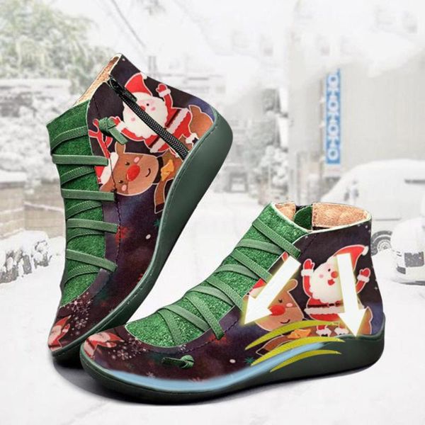 

christmas boots women casual flat leather retro lace-up boots side zipper round toe shoe short schoenen vrouw women, Black