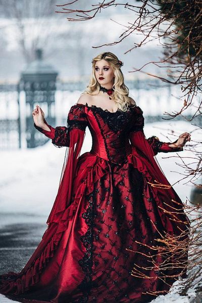 

gothic burgundy and black wedding dress with long sleeve lace appliques victorian sleeping beauty princess medieval winter bridal gowns, White