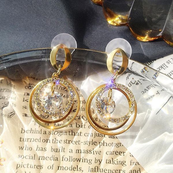 

2019 stylish retro design luxury cubic zirconia inlaid simple circle pendant women stud earrings party jewelry for wedding party, Golden;silver