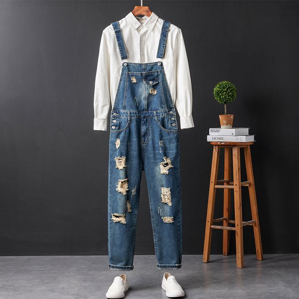 

men's pants denim overalls slim feet nine-point hole beggar tooling, Black