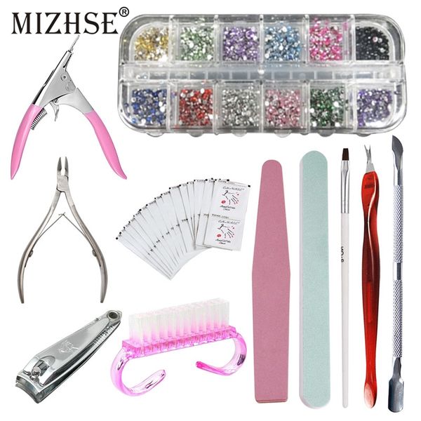 

mizhse 11pcs nail art kit manicure cuticle cutter pusher fork dust clean brush rhinstones for nails polish diy decoration