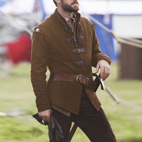 

men's retro coat 2019 male jackets national medieval long sleeve stand collar buckle renaissance coat, Black;brown