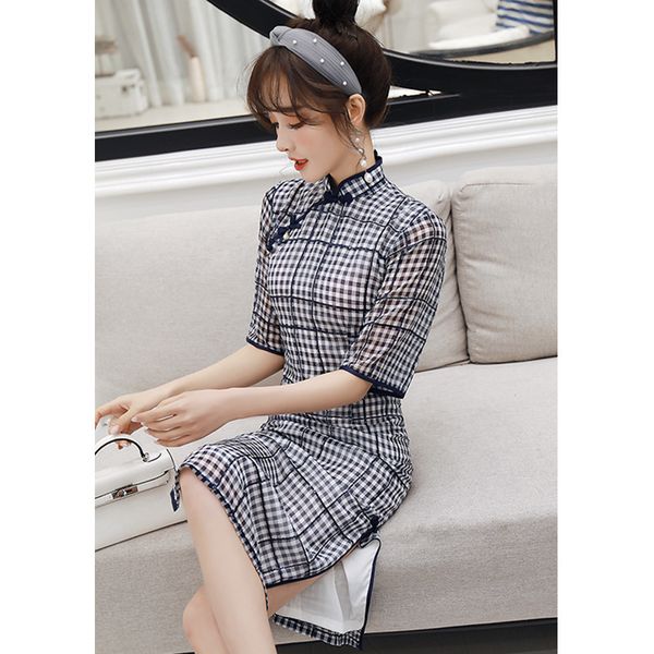 

2019 spring and summer formal women elbow sleeve dresses models chiffon embroidered collar female mid-length retro cheongsam, White