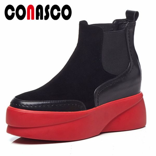 

conasco brand women high platforms ankle boots punk genuine leather autumn winter shoes woman party club pumps boots, Black