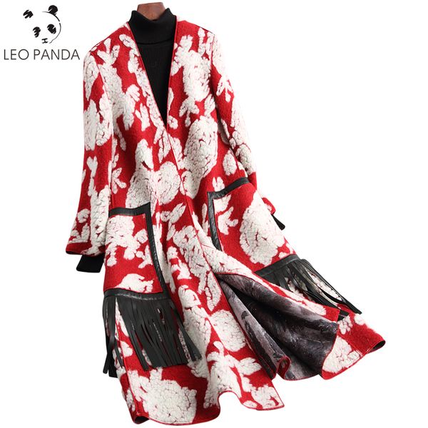 

2019 winter real wool fur coat women fashion 3d print floral sheep shearing coats thick long jacket female parka, Black