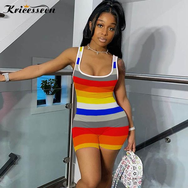 

women's jumpsuits & rompers kricesseen women rainbow striped bodycon jumpsuit summer sleeveless tank bodysuit club overalls one piece, Black;white