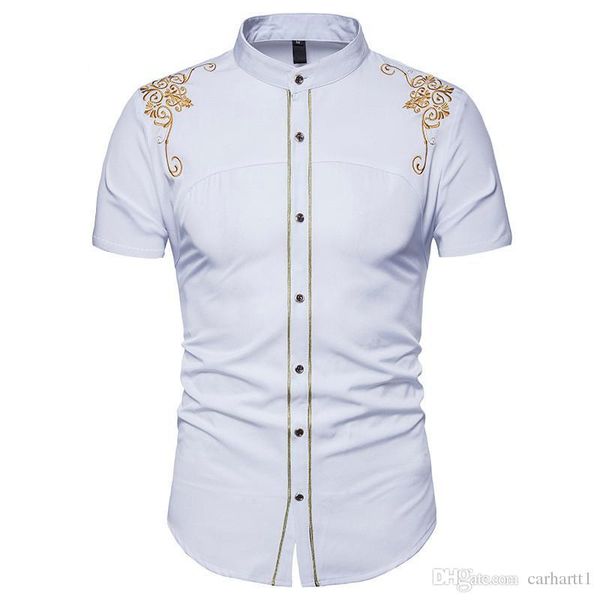

embroidery solid color mens dress shirts print floral short sleeve summer casual mens clothing, White;black