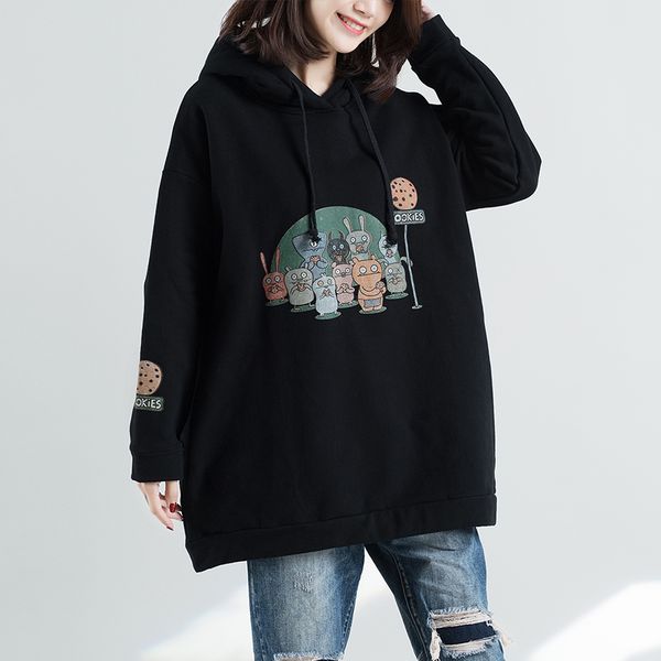 

autumn winter women hoodies solid color printed long sleeve hooded female clothes loose casual women yoyikamomo, Black