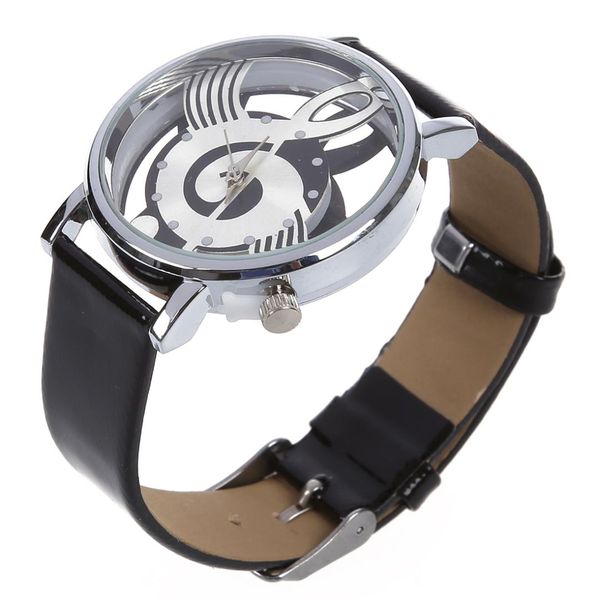 

wristwatch of music clock skeleton black quartz imitation leather, Slivery;brown