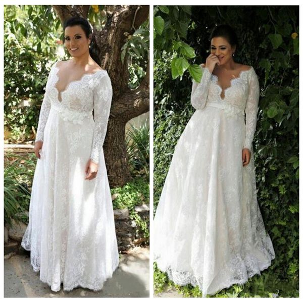 

plus size long sleeve beach lace a line wedding dresses bridal gowns 2019 v neck country wedding dresses vestidos de novia, White
