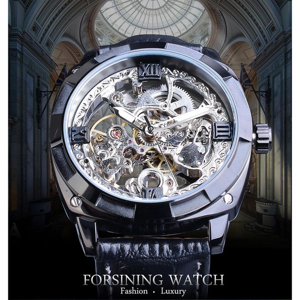 

forsining new fashion men mechanical watch black automatic skeleton analog wristwatch leather band business watches montre homme265b, Slivery;brown
