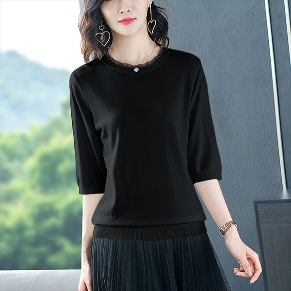 

ice silk knitted clothing t-shirt clothing short sleeve women's 2020 summer clothes thin loose slim short seven-sleeve t-shirt, White