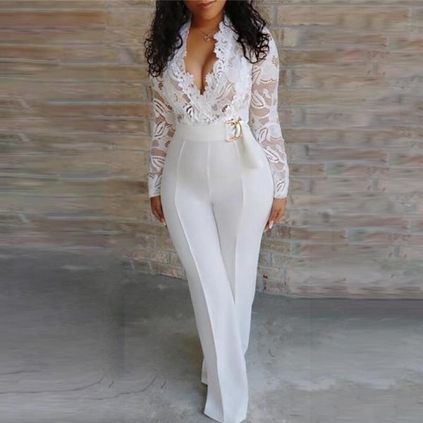 

women elegant overalls rompers patchwork jumpsuit female long sleeve lace overall trousers party playsuit, Black;white