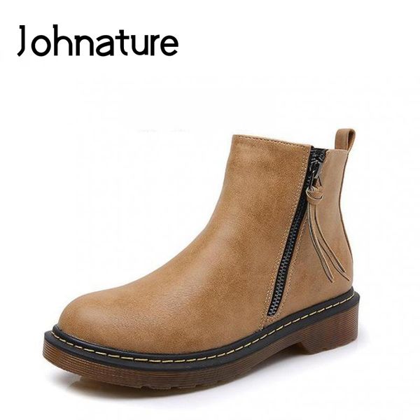 

johnature ankle boots women shoes round toe 2019 new autumn winter square heel zipper sewing solid color handmade women boots, Black