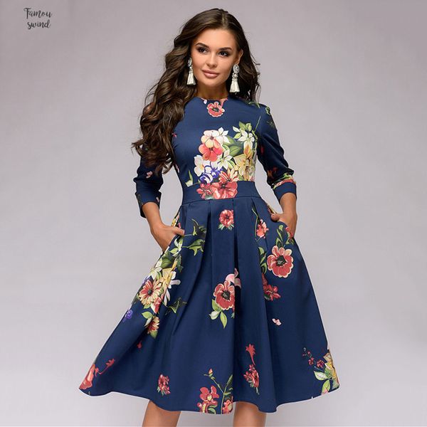 

pleated floral dress printing a line small floral cropped sleeves o neck dress 3 4 sleeve pockets casual womens elegant, Black;gray
