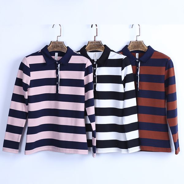 

baharcelin autumn winter striped polo shirt tees women gril turn-down collar full sleeve cotton casual clothing, White