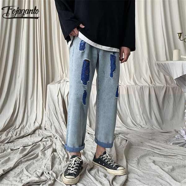 

fojaganto men ripped jeans spring summer new men's high street fashion casual jeans straight denim ankle-length pants male, Blue