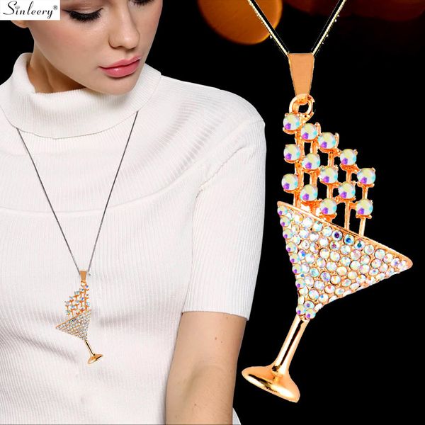 

sinleery dazzling cocktail glass pendant necklace black color long chain colorful white crystal women necklace jewelry my281 ssd, Silver