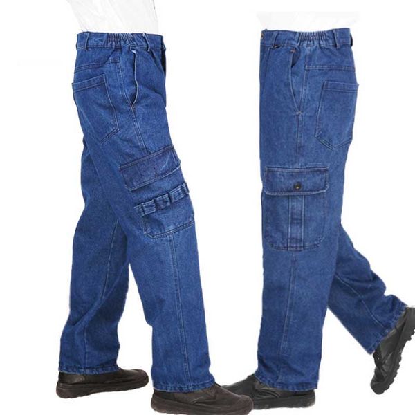 

fashion plus size loose baggy jeans work pants men casual hip hop jeans cotton trousers with big pocket man clothes, Blue