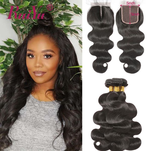 

brazilian virgin hair bundles with closures 5x5 lace closure body wave human hair bundles with closure ruiyu peruvian hairs extensions, Black