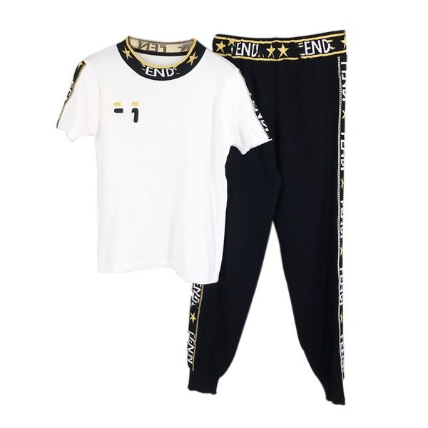 

2019 summer crew neck two piece feet pants f letter casual fashion suit female women tracksuit women clothes slim fit pullover size s-l, White