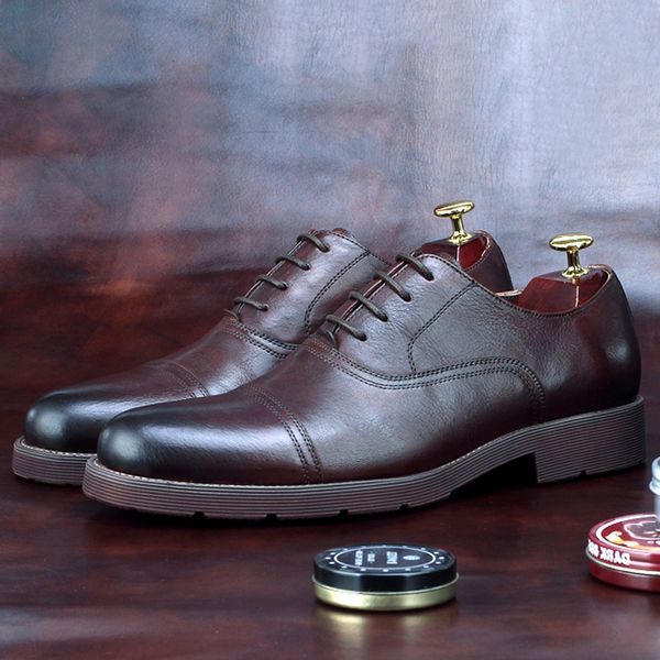 

elegant man cap toe quarter brogue shoes real genuine leather formal office oxfords round toe men's retro wedding flats bgq216, Black