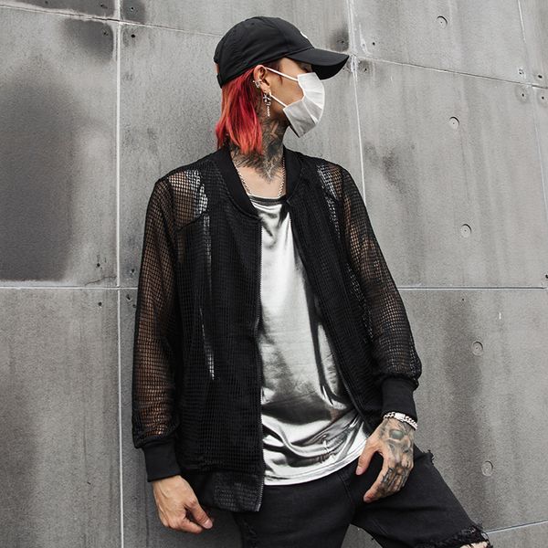 

summer tide men's long-sleeved t-shirt hollow mesh coat personality national tide shirt hair stylist clothing stage wear youth, Tan;black
