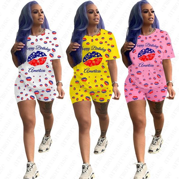 

women two piece set letters american independence day star lip full printing short sleeve t shirt shorts tracksuit d52512, White